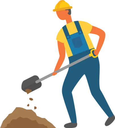 Man Working On Soil Isolated Character Wearing Uniform And Protective Helmet Mud And Dirt Worker With Spade Tool Instrument For Digging Vector Illustration In Flat Cartoon Style Illustration