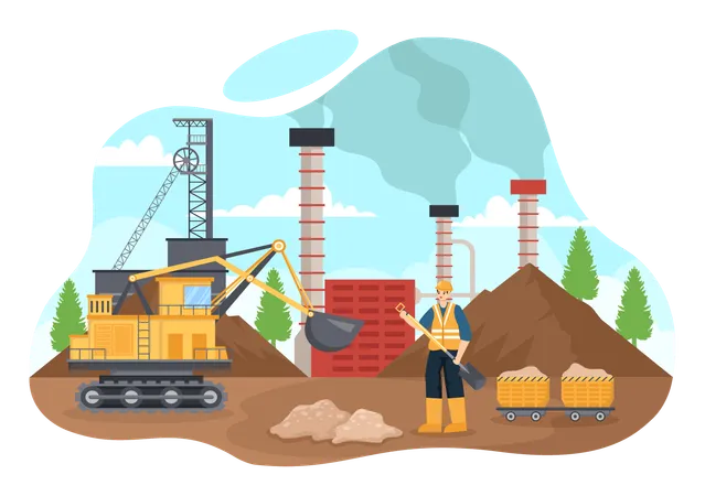Mining Company Vector Illustration With Heavy Yellow Dumper Trucks For Sand Mine Industrial Process Or Transportation In Flat Cartoon Background Illustration