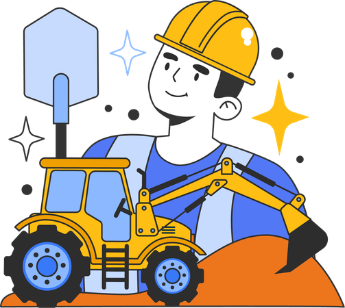 Worker working at construction site with backhoe loader  Illustration