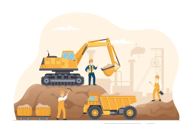 Mining Company With Heavy Yellow Dumper Trucks For Coal Mine Industrial Process Or Transportation In Flat Cartoon Hand Drawn Templates Illustration イラスト