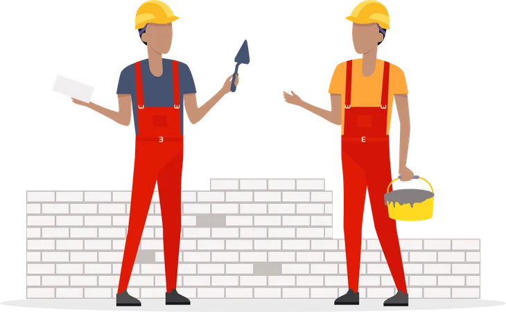 Building Banner Web Design Flat Style Working In A Helmet With A Shovel Construction And Builder Holding Brick And Trowel Mans Workers Is Standing Near The Unfinished Brick Walls Vector Illustration Illustration