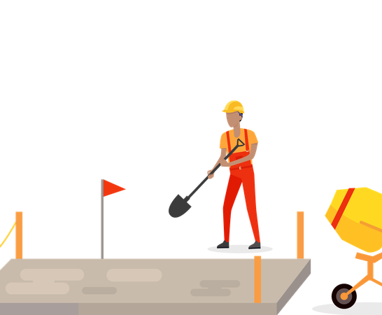 Worker working in a helmet with a shovel near a cement mixer  Illustration