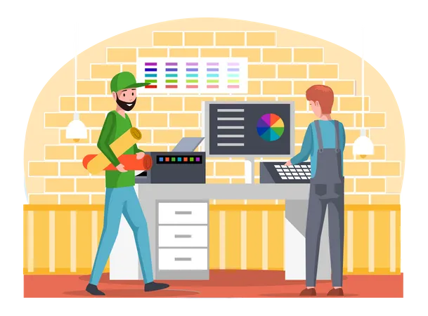 Worker working in printing house  Illustration