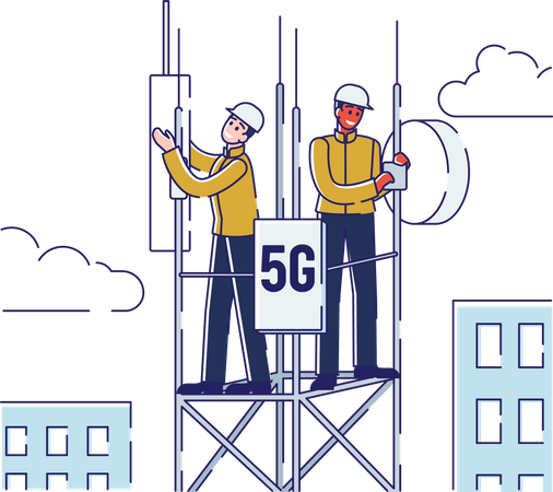 Worker Working on 5g Tower Setting  Illustration