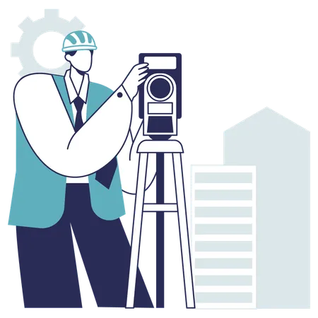 Worker working through theodolite  Illustration