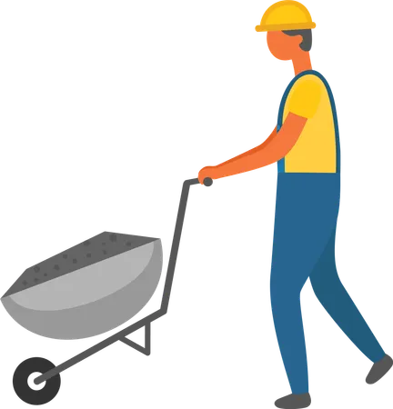 Man Wearing Special Uniform For Workers Vector Isolated Character With Protective Helmet Male Working Hard Carriage Filled With Cement For Building Illustration