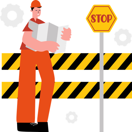 Worker works on road construction progress  Illustration