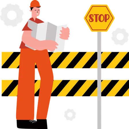 Worker works on road construction progress  Illustration