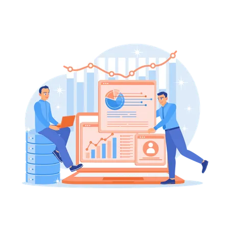 Workers analyze digital information on server  Illustration