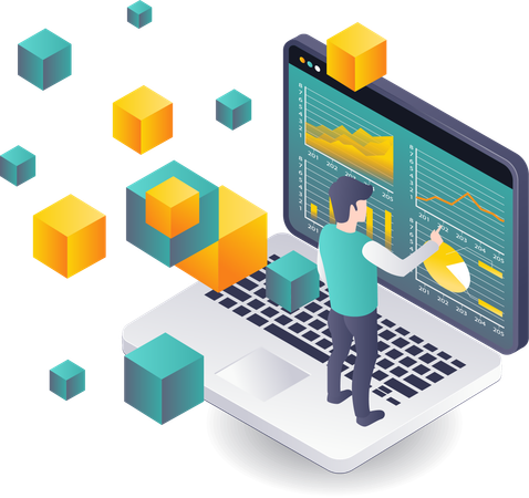 Workers analyzing business data in blockchain technology  Illustration