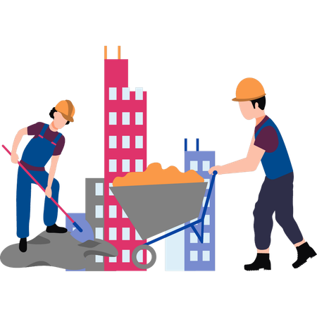 Workers are carry wheelbarrow and sand shovel  Illustration