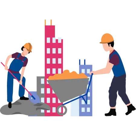 The Workers Are Carry Wheelbarrow And Sand Shovel Illustration