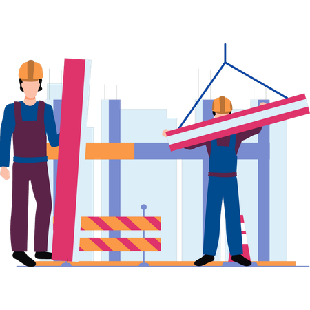 Workers are carrying steel beams for construction of a building  Illustration
