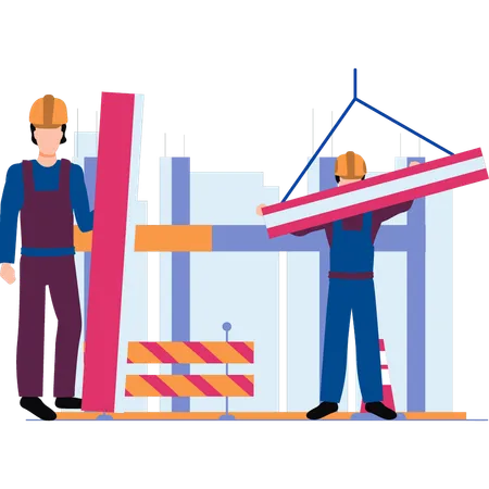 The Workers Are Carrying Steel Beams For Construction Of A Building Illustration