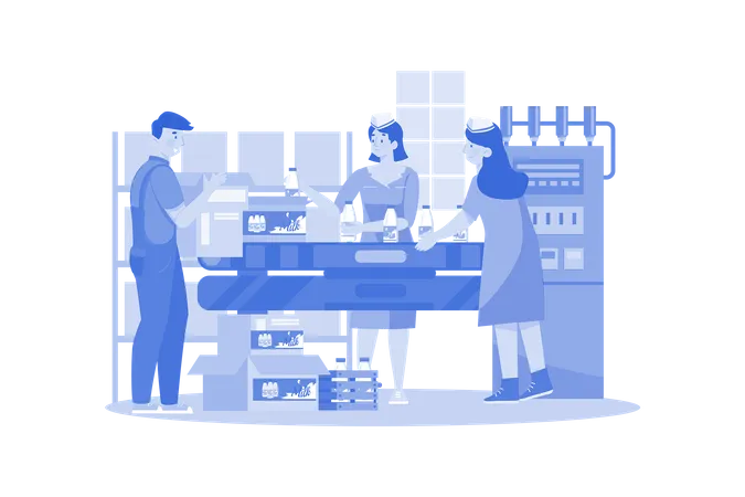 Workers Are Working In Milk Bottles Packaging Industry  Illustration