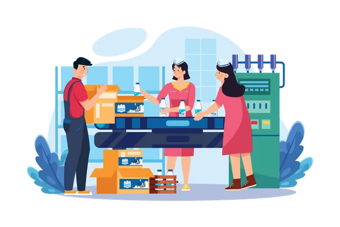 Workers Are Working In Milk Bottles Packaging Industry Illustration