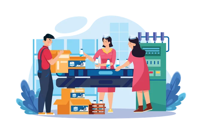 Workers Are Working In Milk Bottles Packaging Industry  Illustration