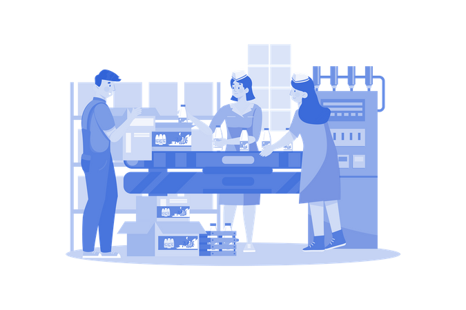 Workers Are Working In Milk Bottles Packaging Industry  Illustration