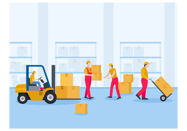 Workers arranging packages in warehouse Illustration