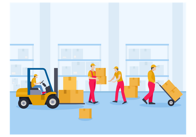 Workers arranging packages in warehouse  Illustration