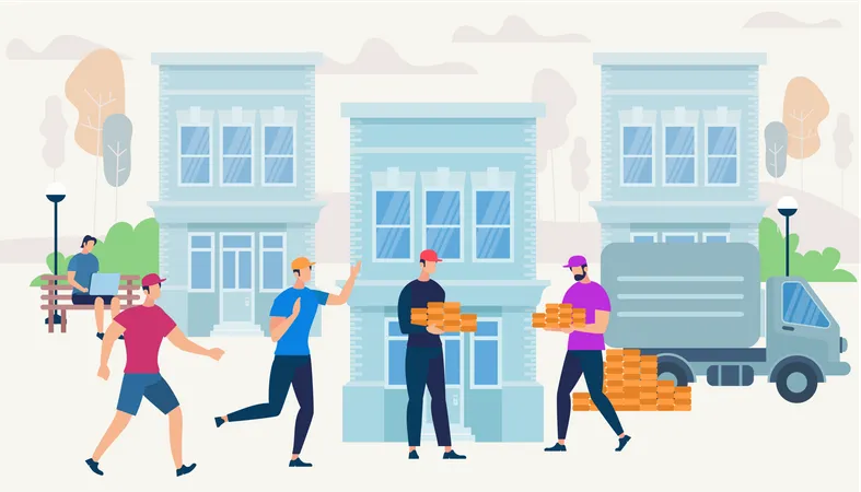 Workers Bring Bricks by Van Car to Build House  Illustration