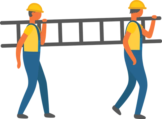 People Working In Team Carrying Ladder On Shoulder Isolated Characters Wearing Special Uniforms And Helmets Building And Construction Worker Vector Illustration In Flat Cartoon Style Illustration