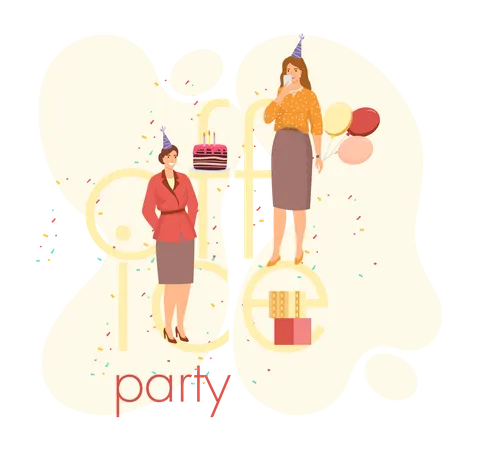 Birthday Party In Office Flat Festive Banner Workers Organize Holiday Congratulate Associate Interaction Entertainment At Workplace Business Team Giving Gifts Balloonns And Cake To Colleague Illustration