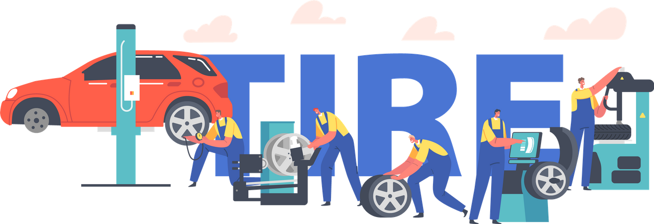 Workers Change Tires at Garage Illustration