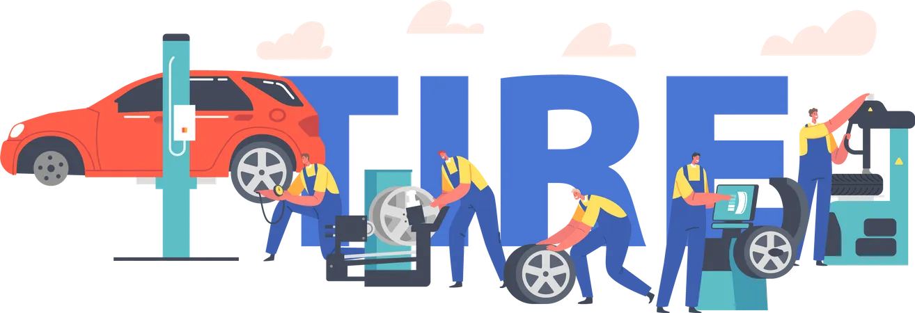 Workers Change Tires at Garage Illustration