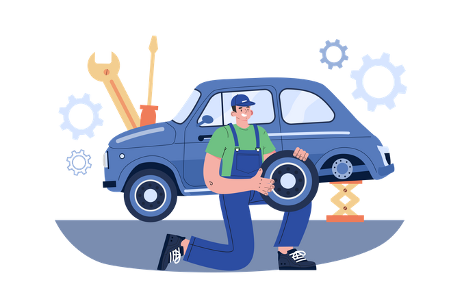 Workers Change Tires at Garage  Illustration