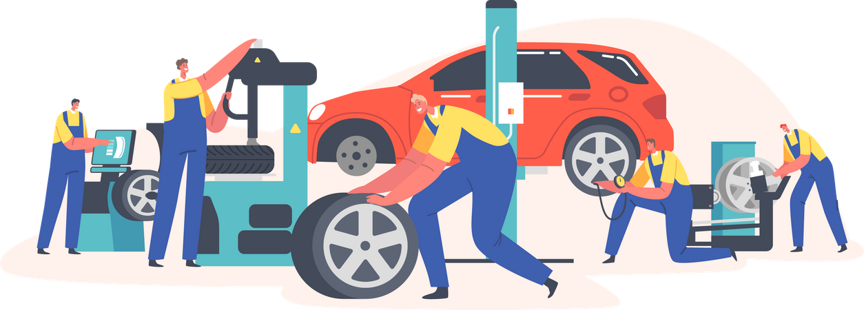 Workers Change Tires at Garage  Illustration