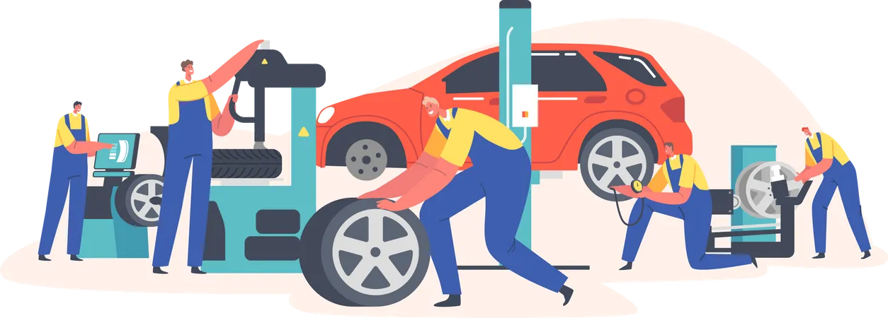 Workers Change Tires at Garage  Illustration