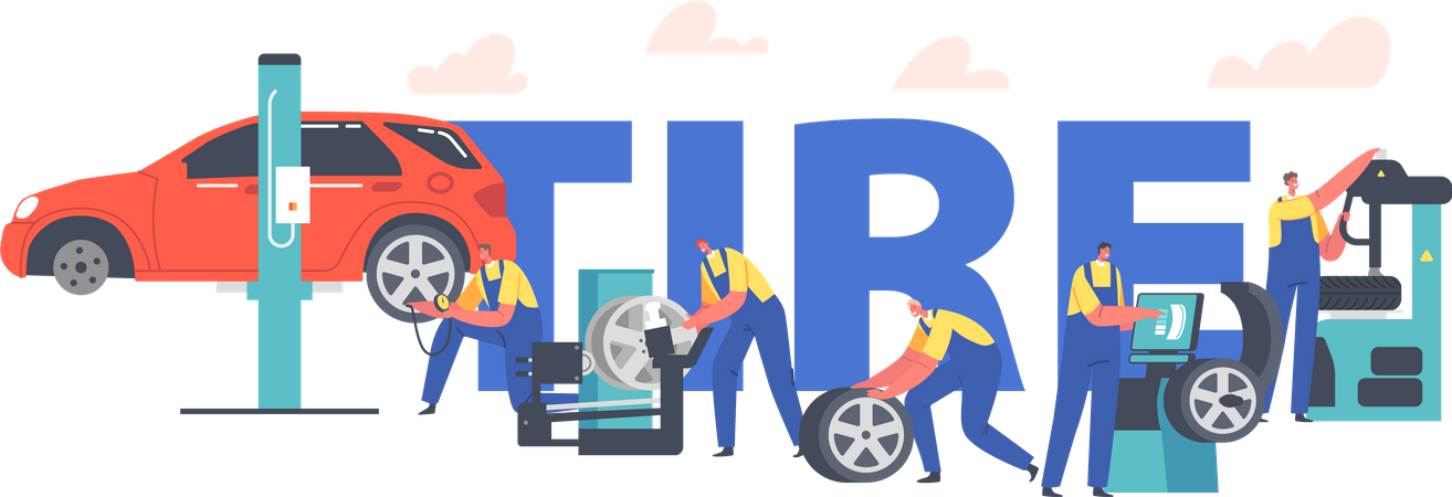 Workers Change Tires at Garage  Illustration