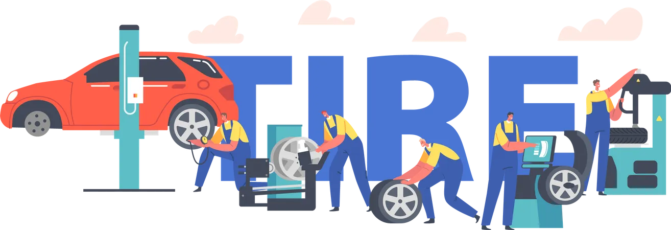 Workers Change Tires at Garage  Illustration