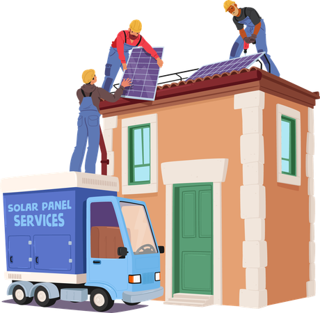 Workers Characters Installing Solar Panels On Rooftop Of House With A Service Truck Nearby  Illustration