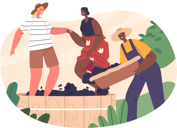 Workers Characters Joyfully Mash Ripe Grapes With Their Feet In The Vineyard Creating A Vibrant And Traditional Vector Scene Of Winemaking Surrounded By The Essence Of Harvest And Community Spirit Illustration