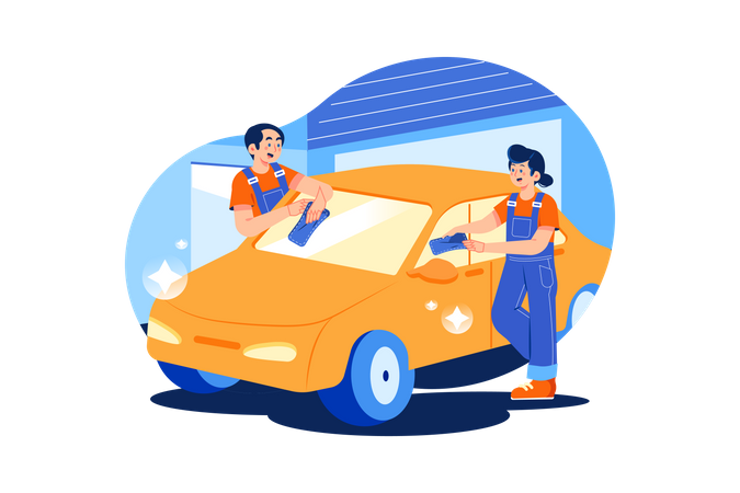Workers cleaning car Illustration