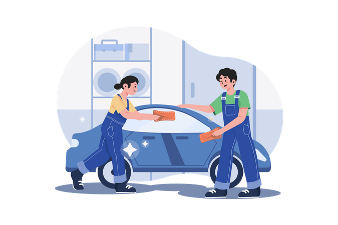 Worker cleaning car Illustration