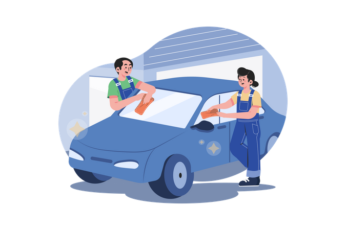Workers cleaning car Illustration