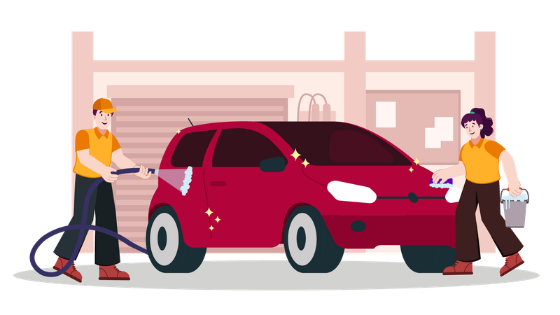 Workers cleaning car  Illustration