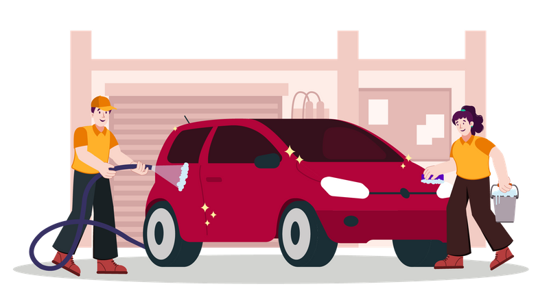 Workers cleaning car  Illustration