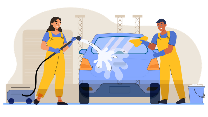 Workers cleaning car  Illustration