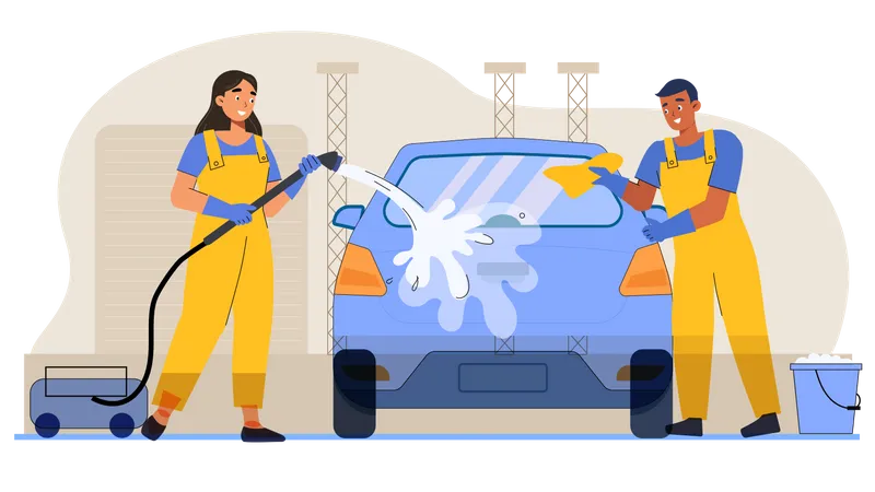 Workers cleaning car  Illustration