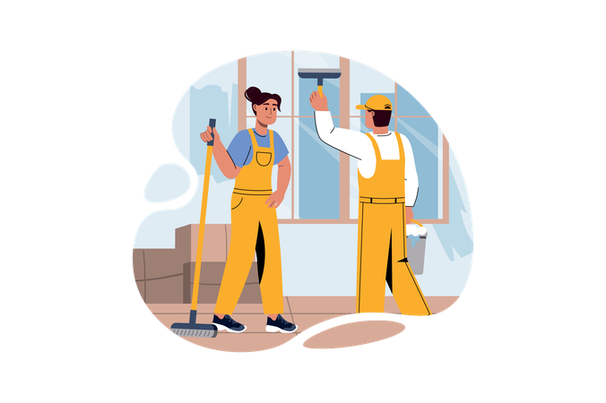 Workers cleaning glass window  Illustration
