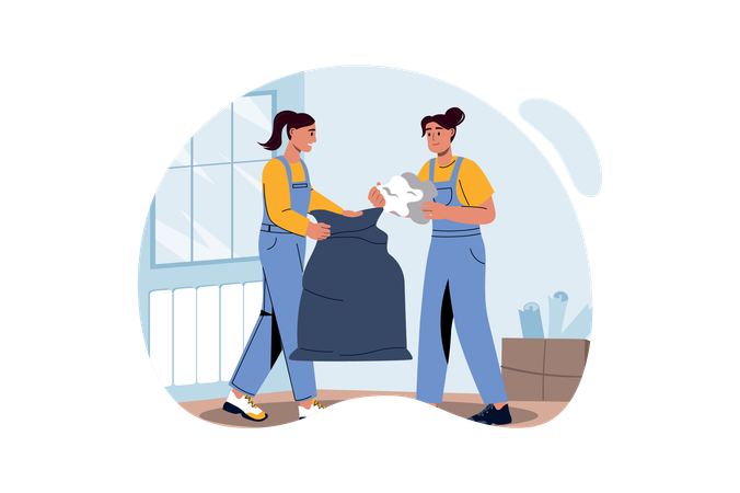 Workers collects construction garbage  Illustration