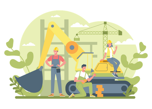 Workers constructing home with tools  イラスト