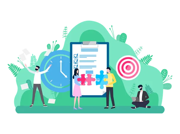 Teamwork And Fulfill Goals Clock And Target Worker Communication With Laptop Colleagues Strategy Professional Cooperation Check Mark On Paper Vector Illustration