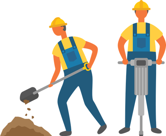 Workers digging and drilling ground  Illustration