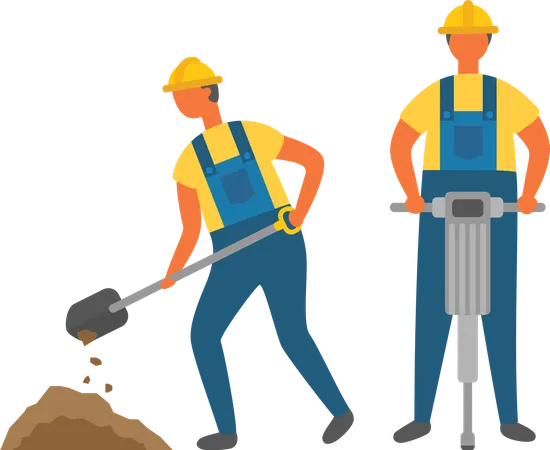 Workers Digging And Drilling Ground Construction Works Men In Hardhats And Overalls Building Process Spade Or Shovel Electric Instrument Vector Illustration In Flat Cartoon Style イラスト