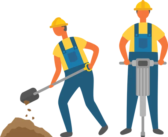 Workers digging and drilling ground  Illustration